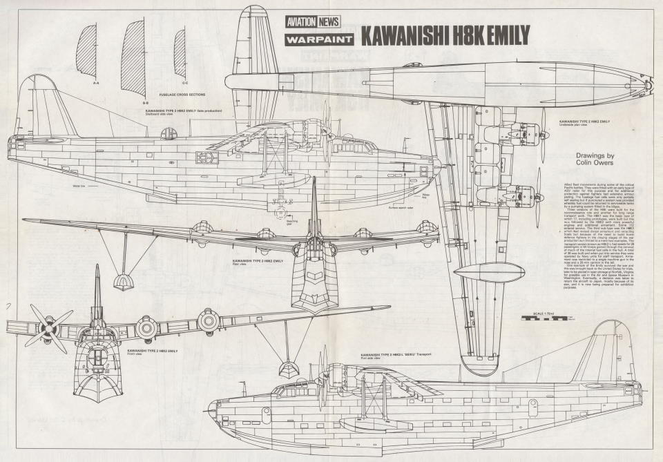 Kawanishi type 22 H8K Emily - 1/72 рисунок Colin Owers «Эвиэйшон Ньюз» том 16, №5, 24 июля-6 августа 1987